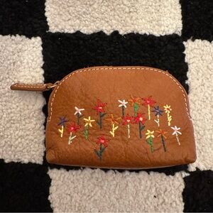 Embroidered Brown Leather Floral Coin Pouch